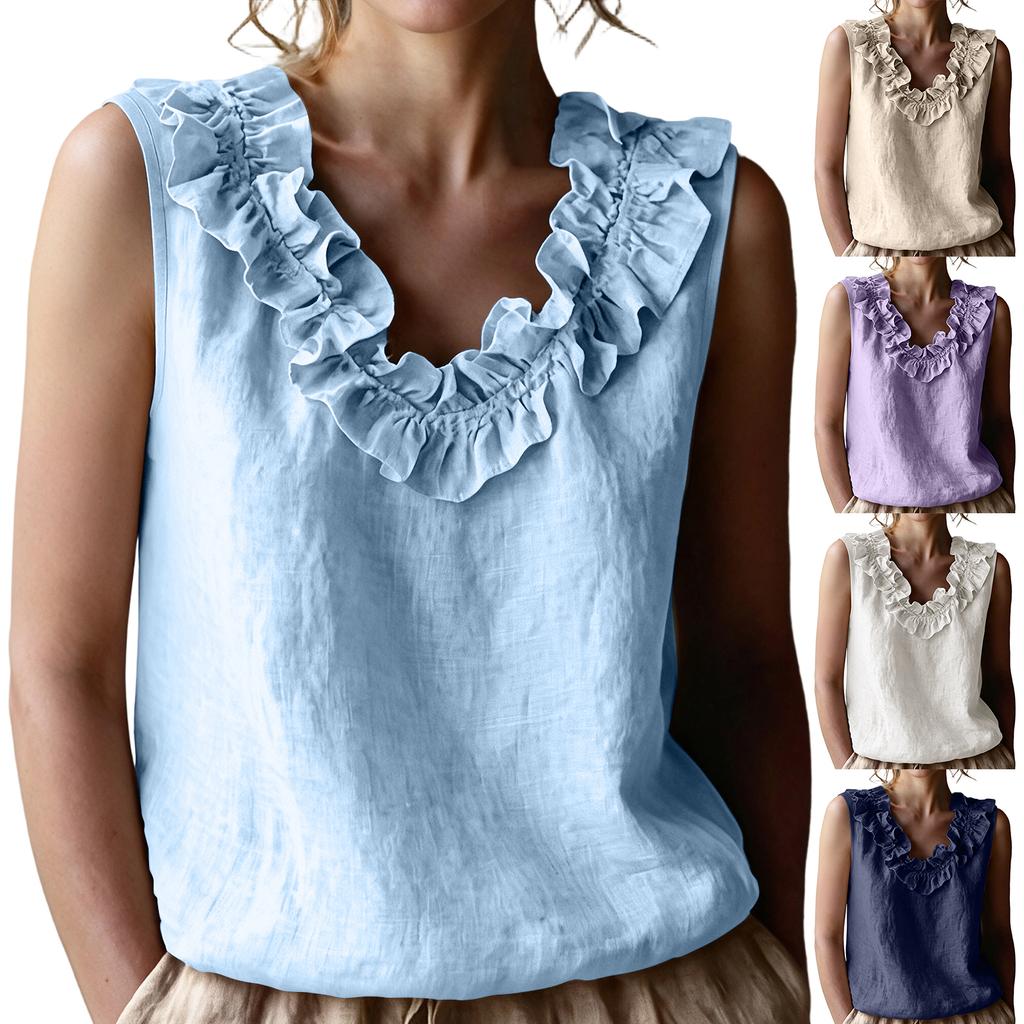 Women's Sleeveless V-Neck Ruffle Trim Blouse Casual Color Top for Summer