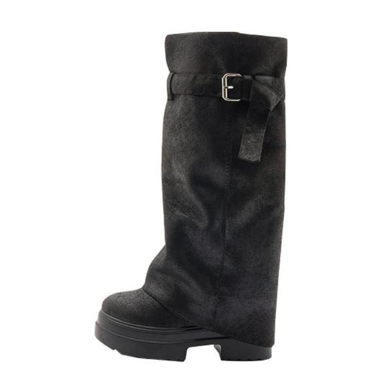 Fashion 9.5cm Synthetic Leather Women Hidden Heel Booties Boots Platform Wedge Fashion Autumn Spring Block Knee High Boots Shoes