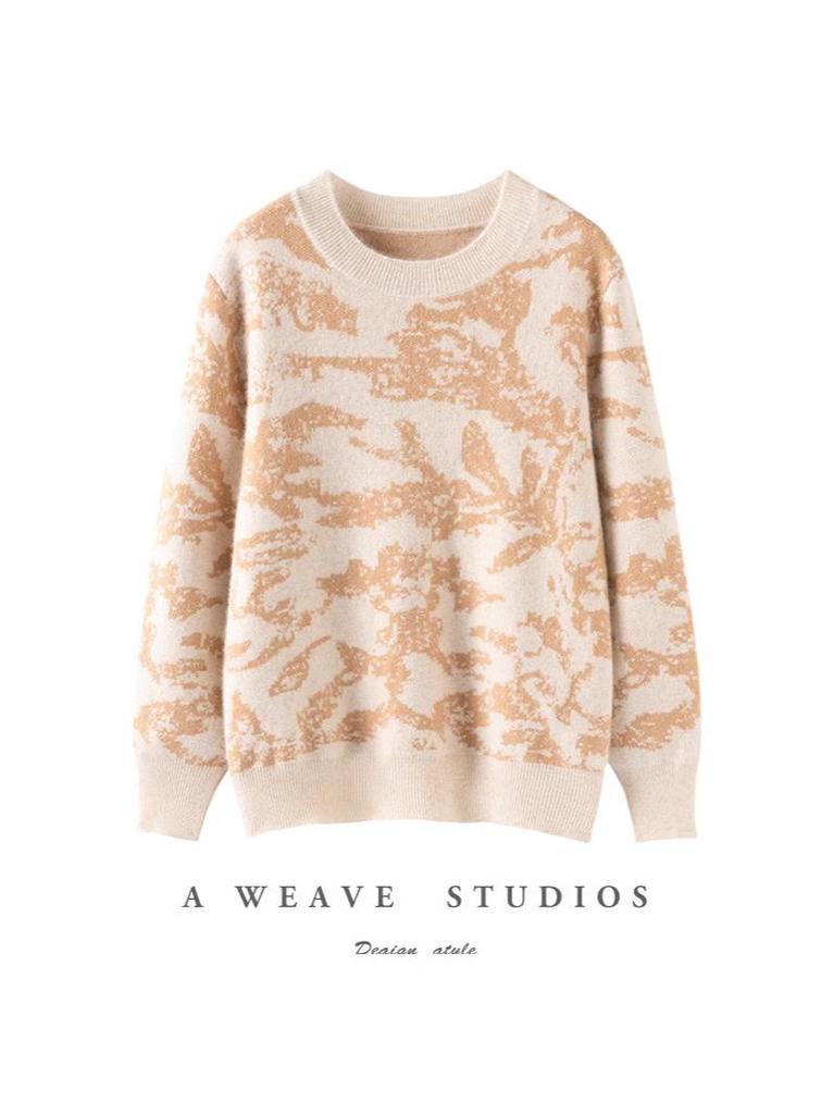 2025 Luxury Cashmere Ink Painting Women's Wool Pullover: Round Neck, Long Sleeve, Loose Fit for Autumn/Winter