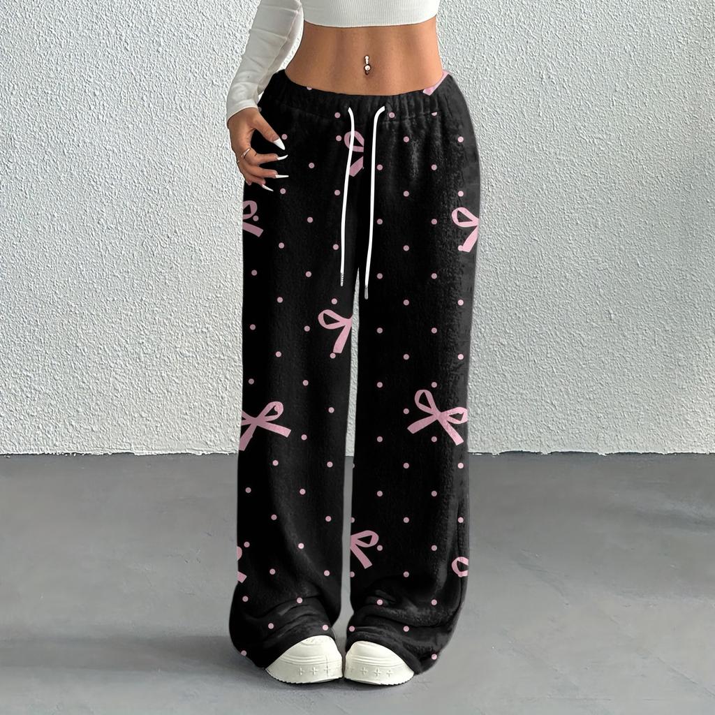 Women's Casual Fashion Printed Elastic Waist Loose Straight Leg Pants With Rope