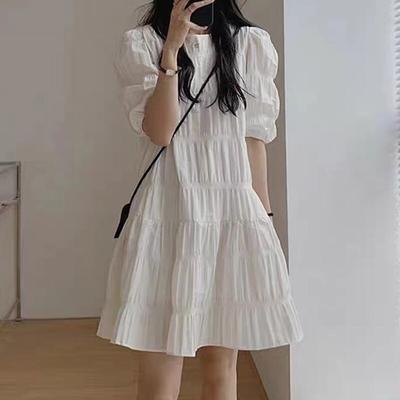 2023 Casual Loose Short Sleeve Beach Dress Summer Fashion French Pleaded Dress For Women Evening Party Dresses  Robe 27992