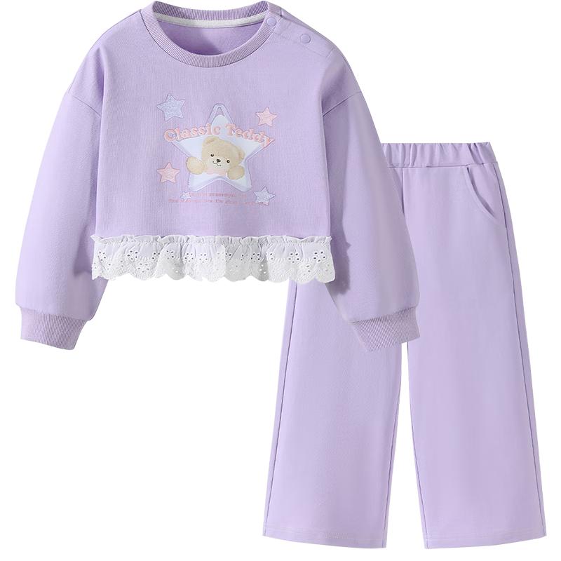 Classic Teddy Girls  Sweet Patchwork Casual Hoodie & Pants Set 140