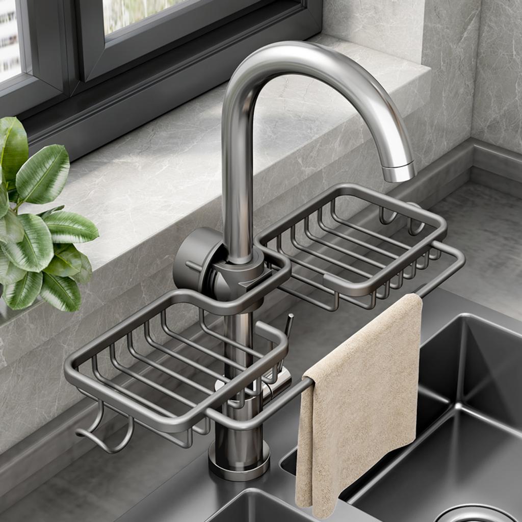 Home Kitchen Space Aluminum Sink Drain Rack Sponge Storage Faucet Holder Soap Drainer Shelf Basket Organizer Bathroom Accessory