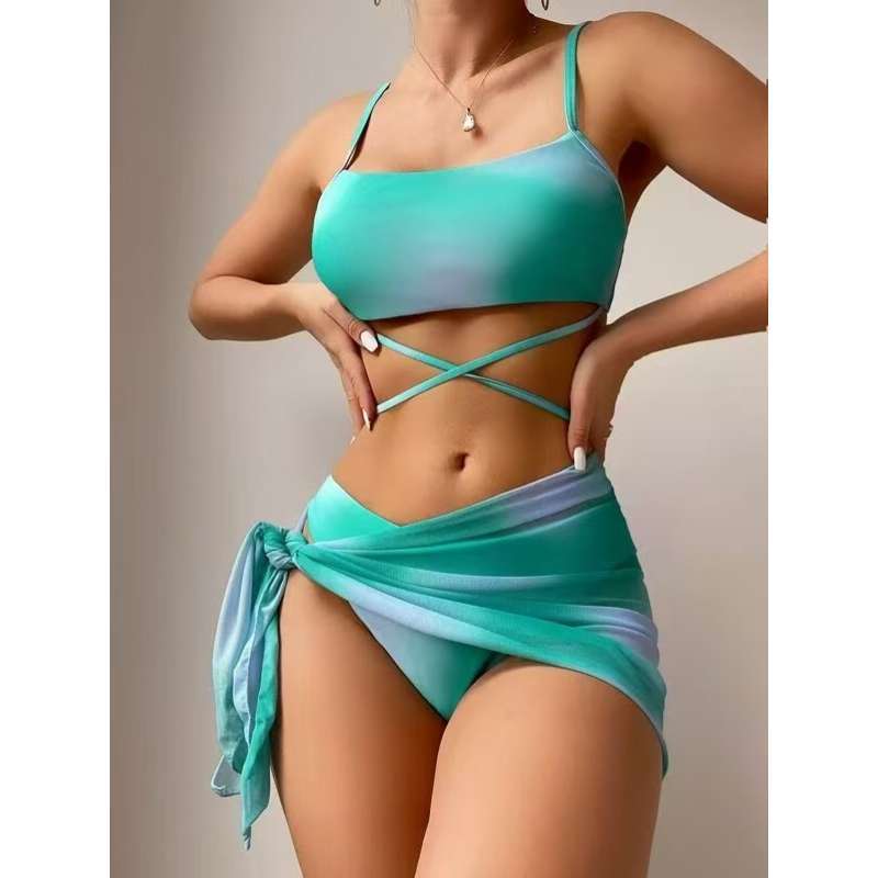 Popular swimsuit female sexy straps navel split swimsuit gradual change three-piece bikini vacation swimsuit
