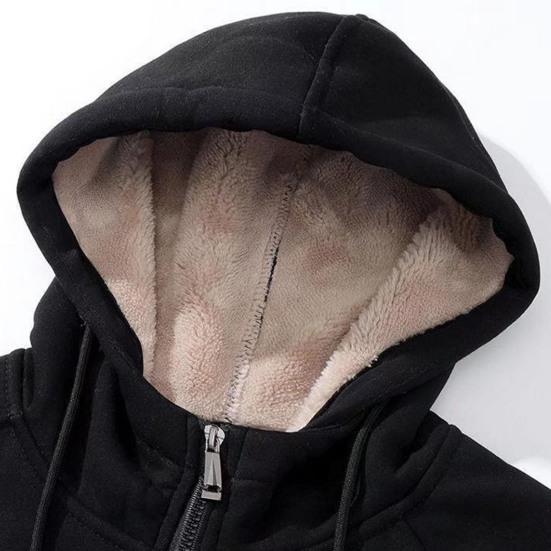 Men Hoodie Coat Solid Color Hooded Thicken Plush Winter Jacket for Daily Wear