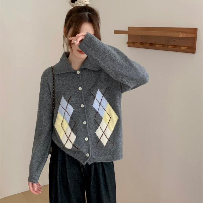 Retro literary and artistic contrasting color diamond lapel knitted cardigan top women's loose lazy wind age-reducing sweater jacket