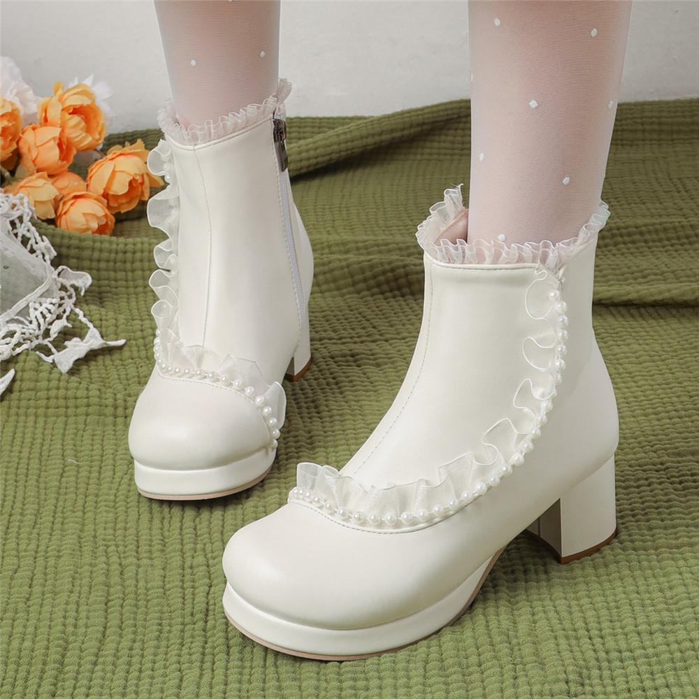 Fashion Ladies Ankle Boots Women Shoes Sweet Lace String Bead Lolita Lovely Cosplay Platform Girls Mid Heels Booties Woman Pink White