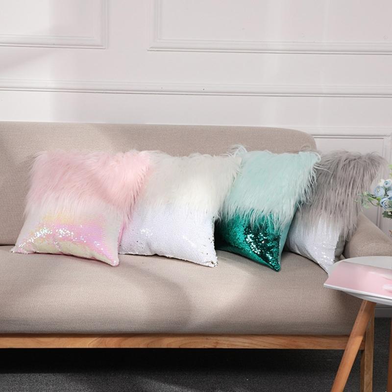 Fashion Long Furs Sequins Patchworks Decorative Cushions Cover Bling Embroidered Square Pillow Cover Cushions Case