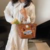 Vintage Striped Dachshund Handwoven Vegetable Basket Handbag Women's Large Capacity Commuter Bag Handheld Bucket Bag