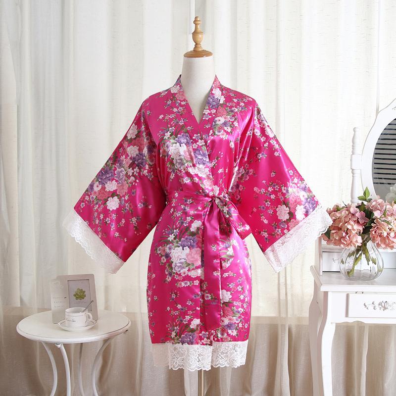 Comfortable Homewear Summer Imitation Silk Lace Floral Floral Robe Short Kimono Bathrobe Cardigan Robe Fashion Temperament Elegant