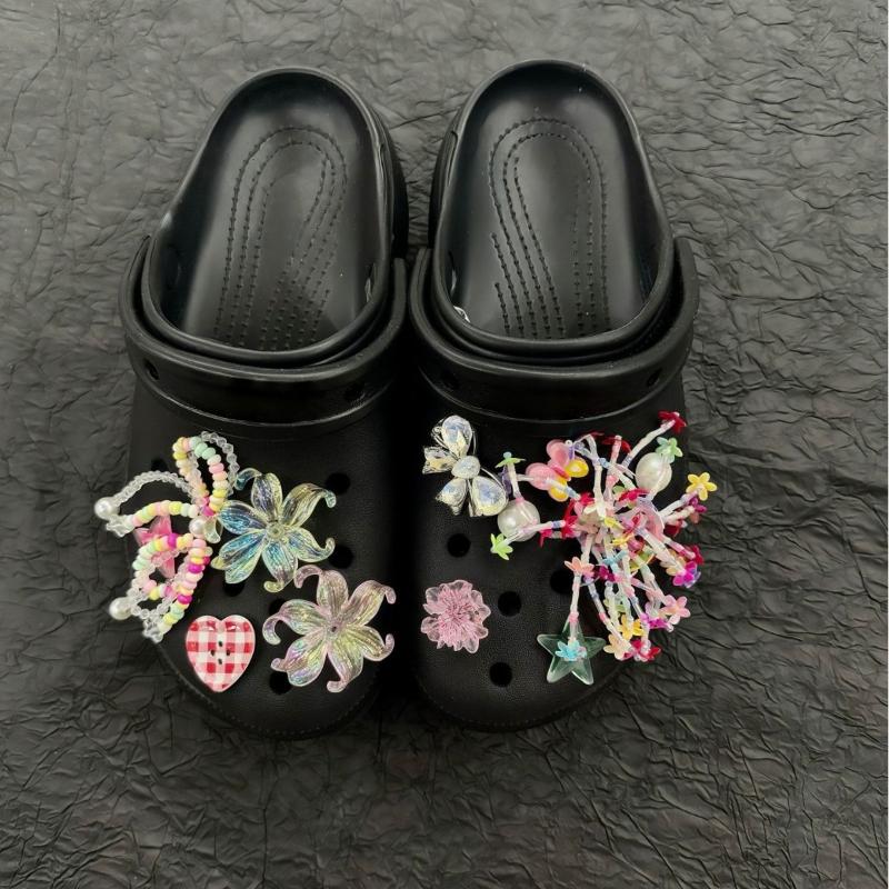 12Pcs Detachable Shoe Flower Shoe Charms Diy Colorful Butterfly Seaweed Bead Chain Shoe Buckle Hole Accessories For Girls