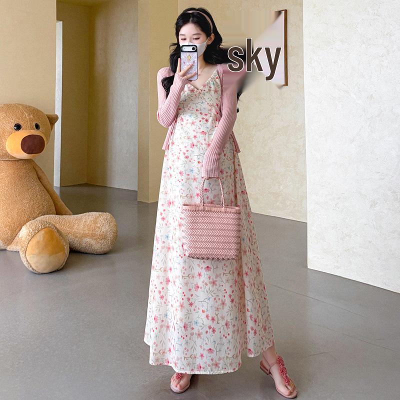 2026 Summer Floral Chiffon Maternity Camisole Dress & Cardigan Set - Plus Size 2XL