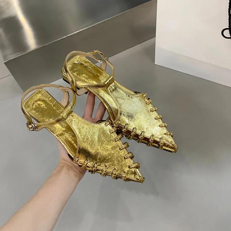 Women's Flat Sandals Pointed Toe Weaving Hollow Leaking Heel Shoes Women Daily Summer French DressTemperament Designer Sandals