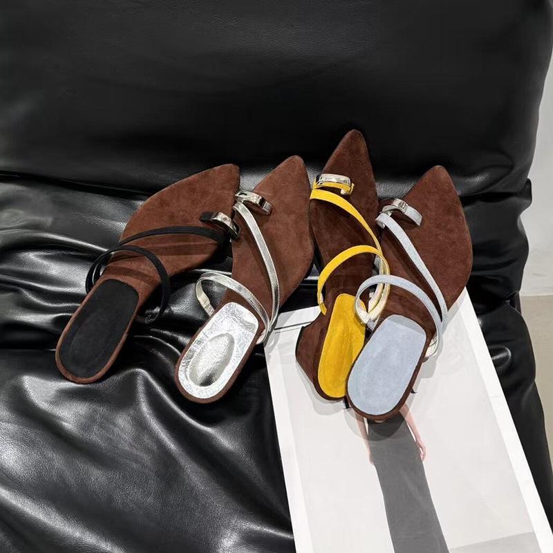 Sheepskin version~ Leather cover toe word with thick heel slippers women's summer wear gentle pointed toe wedged sandals