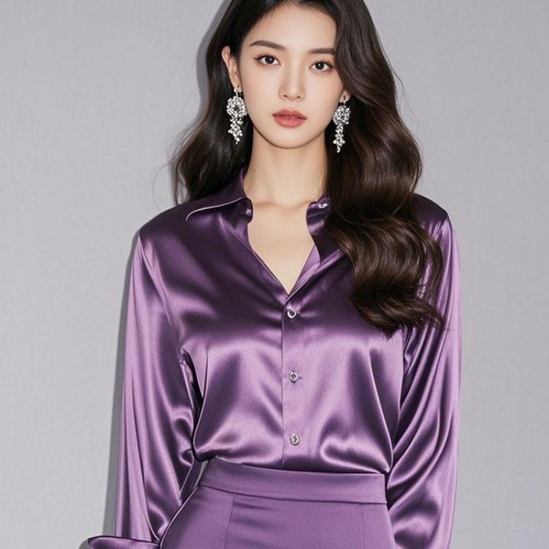 New high-end professional satin purple shirt for women, long-sleeved formal fashion commuter shirt