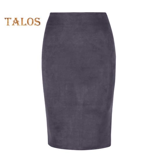 Fusta creion pentru femei, cu talie înaltă, cu șold înfășurat, de culoare uni, din piele de căprioară, cu design cu fantă în spate, cu fermoar, până la genunchi.