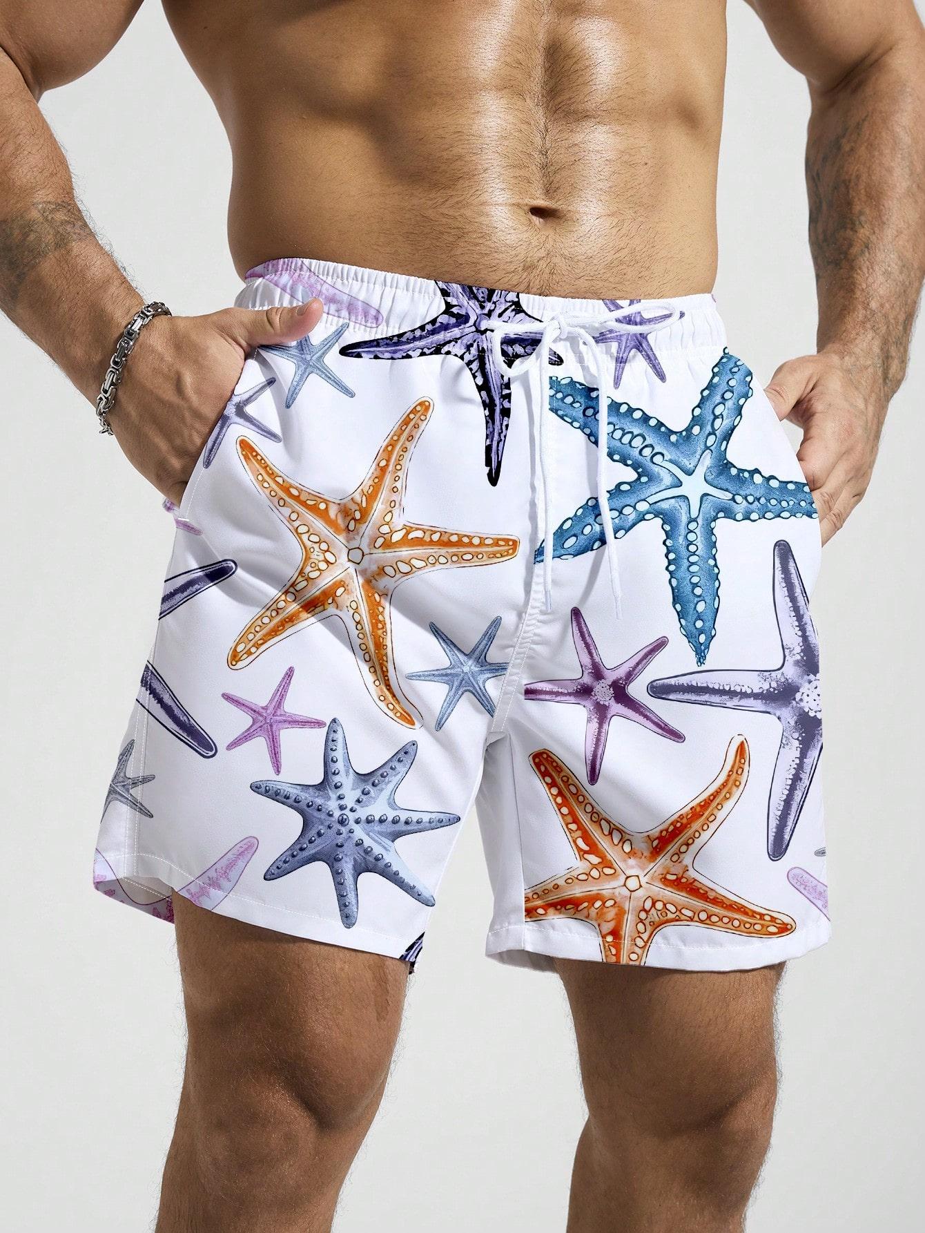 Men s Summer Beach Holiday Short,White Print Drawstring Waist Slant Pocket Loose Vacation Style Shorts,Holiday S
