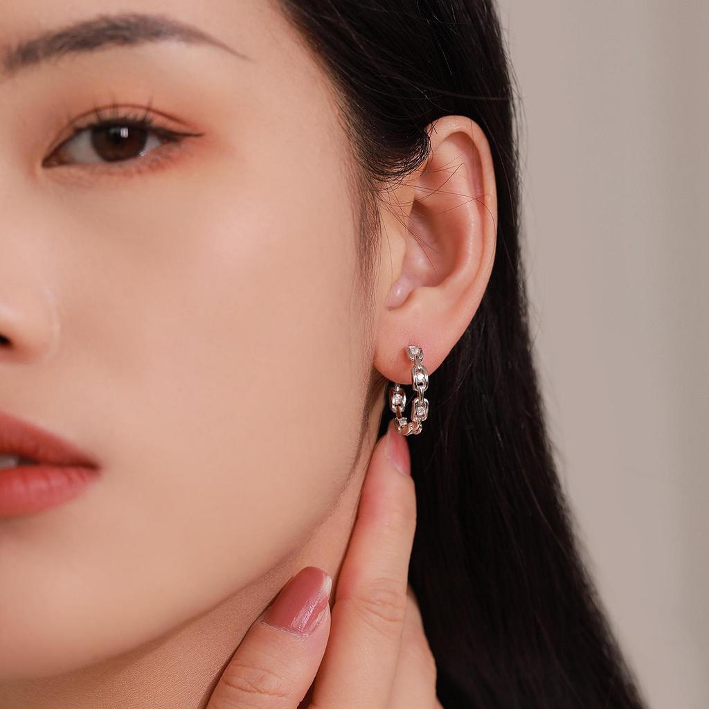 Tide S925 Sterling Silver Diamond Ear Hoops - Women's Punk Cold Style Fashion Earrings