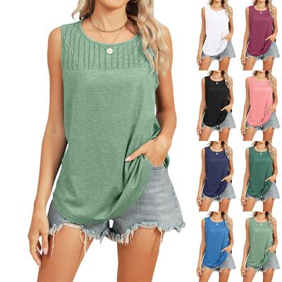 Womens Summer Tank Top Casual Pleated Sleeveless Tops Crewneck Shirts Clothes