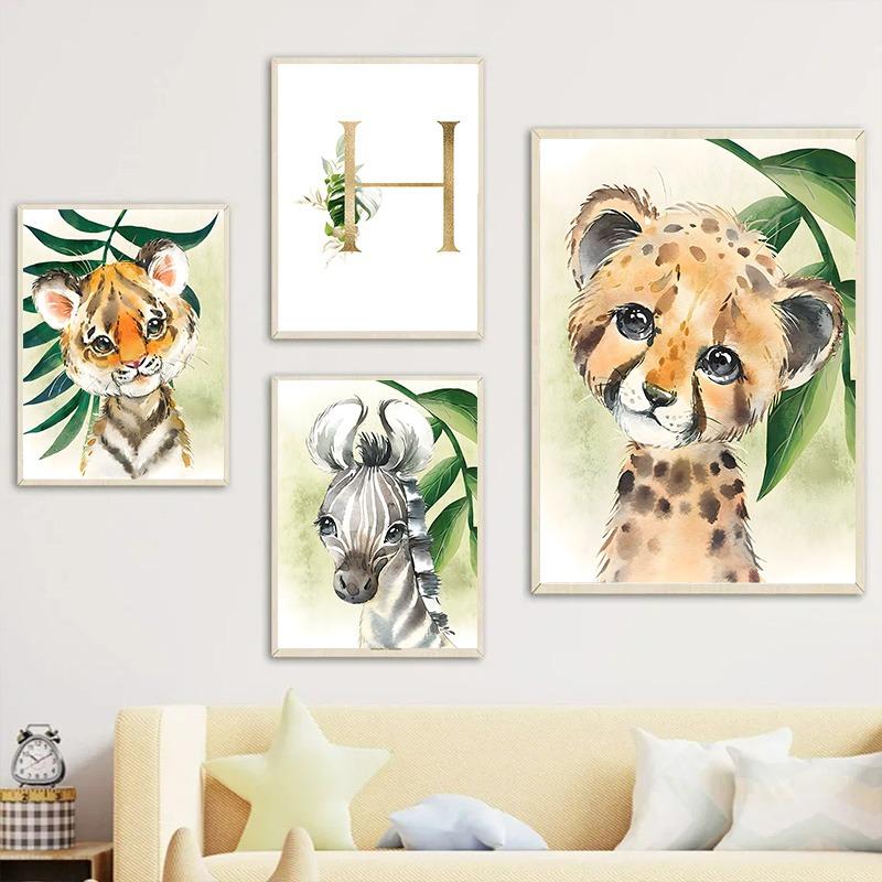Goldenes Namensposter für Kinder Dschungeltiere Tiger Löwe Babyzimmer Dekorative Leinwandmalerei Kinderzimmerbild für Wandkunst Heimdekoration