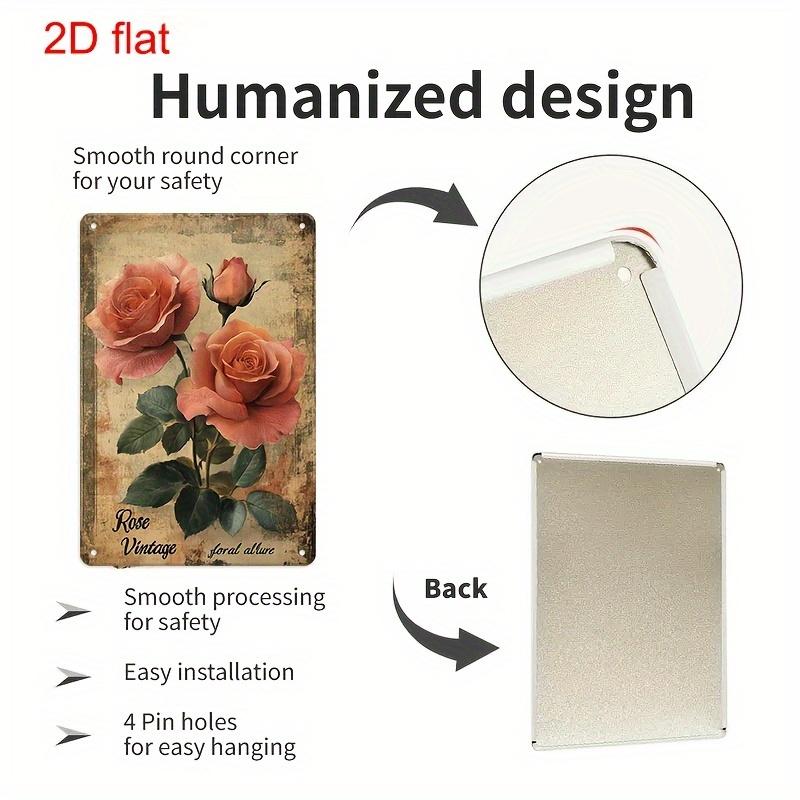 2D Flat, Vintage Rose Metal Wall Art Sign - 8"x12" Elegant Floral Decor with Pre-Drilled Holes, Durable Iron Rust Finish for Hom