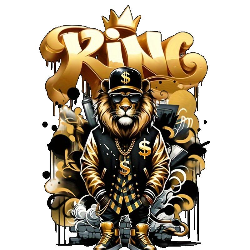 Black T Shirt with King Lion and Gold Crown Print for Casual Wear