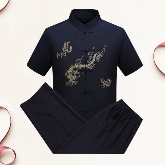 2 Pcs/Set Men Shirt Pants Suit Chinese Style Tang Suit Morning Exercise Workout Tachi Clothes Stand Collar Short Sleeve Single-breasted Wide