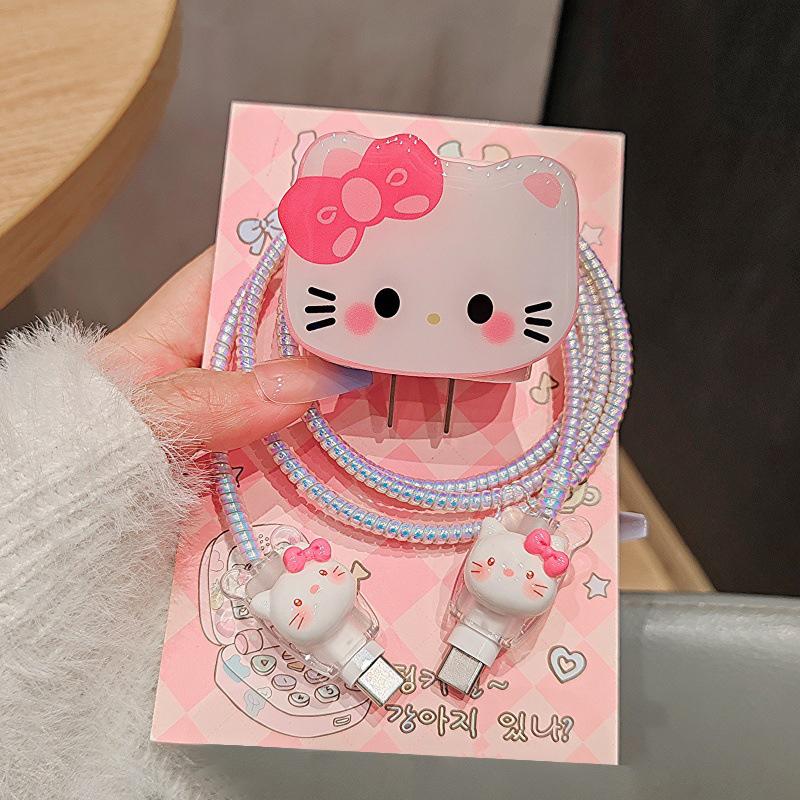 Hello Kitty Ochranný kryt na nabíjecí a datový kabel pro Apple iPhone 18/20W nabíjecí chránič proti zlomení, sada navíječů datového kabelu