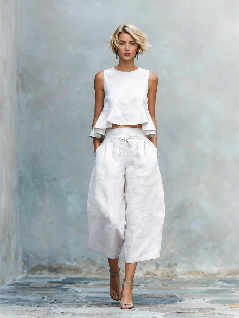 Neue Ankunft Sommer Damen Leinenmischung Zweiteiliges Set mit Rüschen