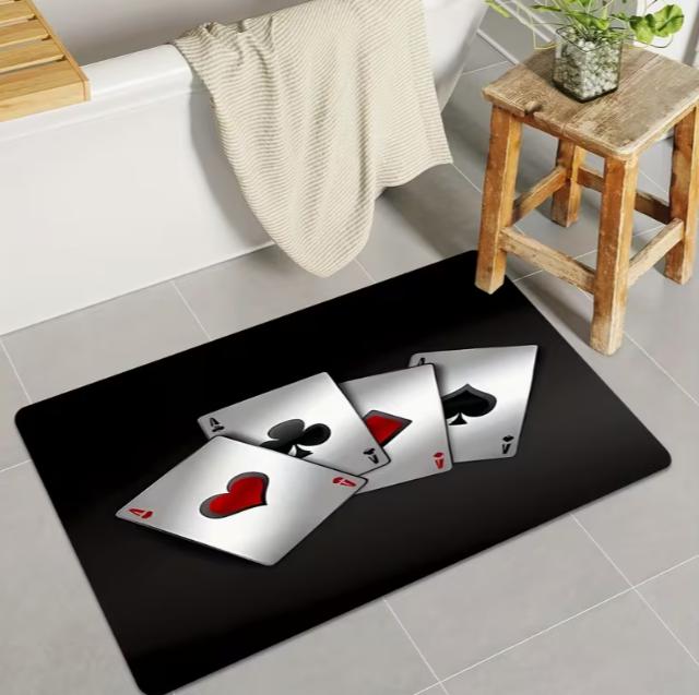 Poker Themed Playing Card Floor Mat with A, K, Q, J and Spade Green and Black Floor Mats Creative Game Room Decoration Gifts