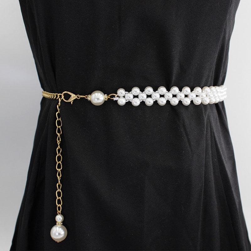 Fashion Adjustable Acrylic Pearl Belt Women Ladies Metal Thin Chain Belt Slim Body Chains Straps Dress Skirt Elastic Waistband