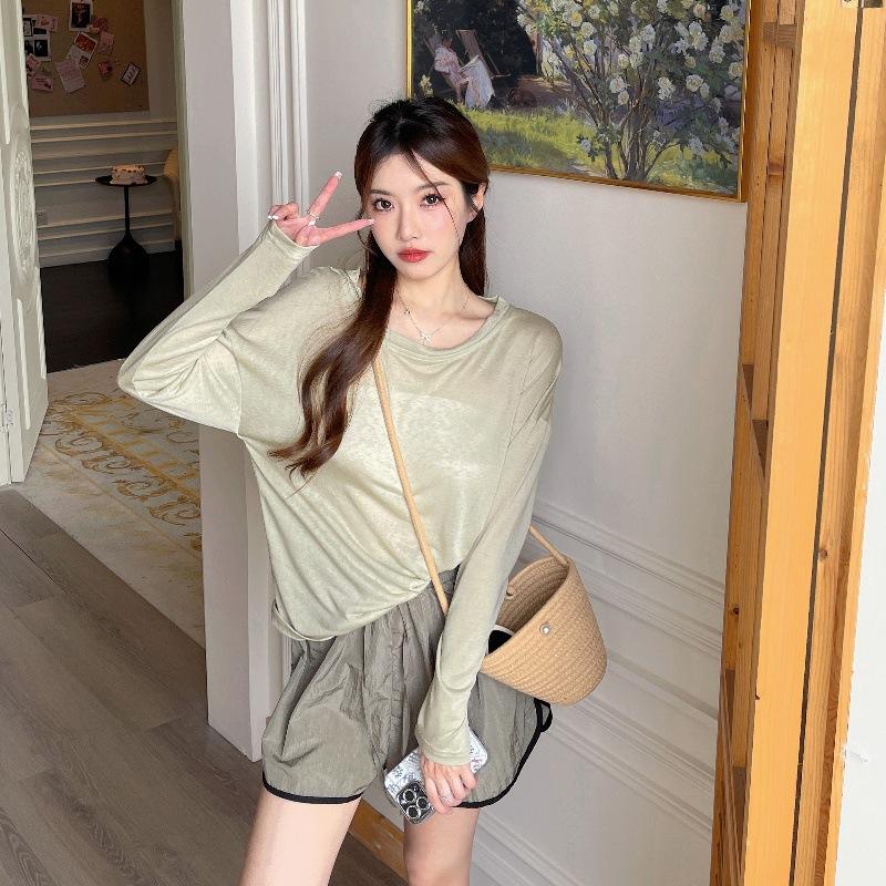 Summer Women's Loose Long Sleeve Blouse Bottom Shirt Thin Round Neck Sun Shirt Pullover Air Conditioner Hoodie