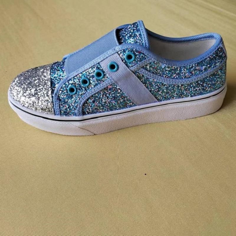 2021 summer new casual flat heel low-top shoelace-free color matching round head sequined canvas single shoes women