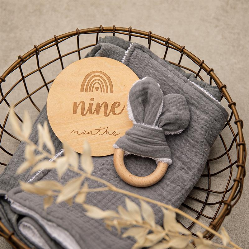 100% Cotton Baby Bunny Ear Teether Rabbit Beech Wooden Rattle Teether Safe Organic Wooden Ring Nursing Training Teethers Toy