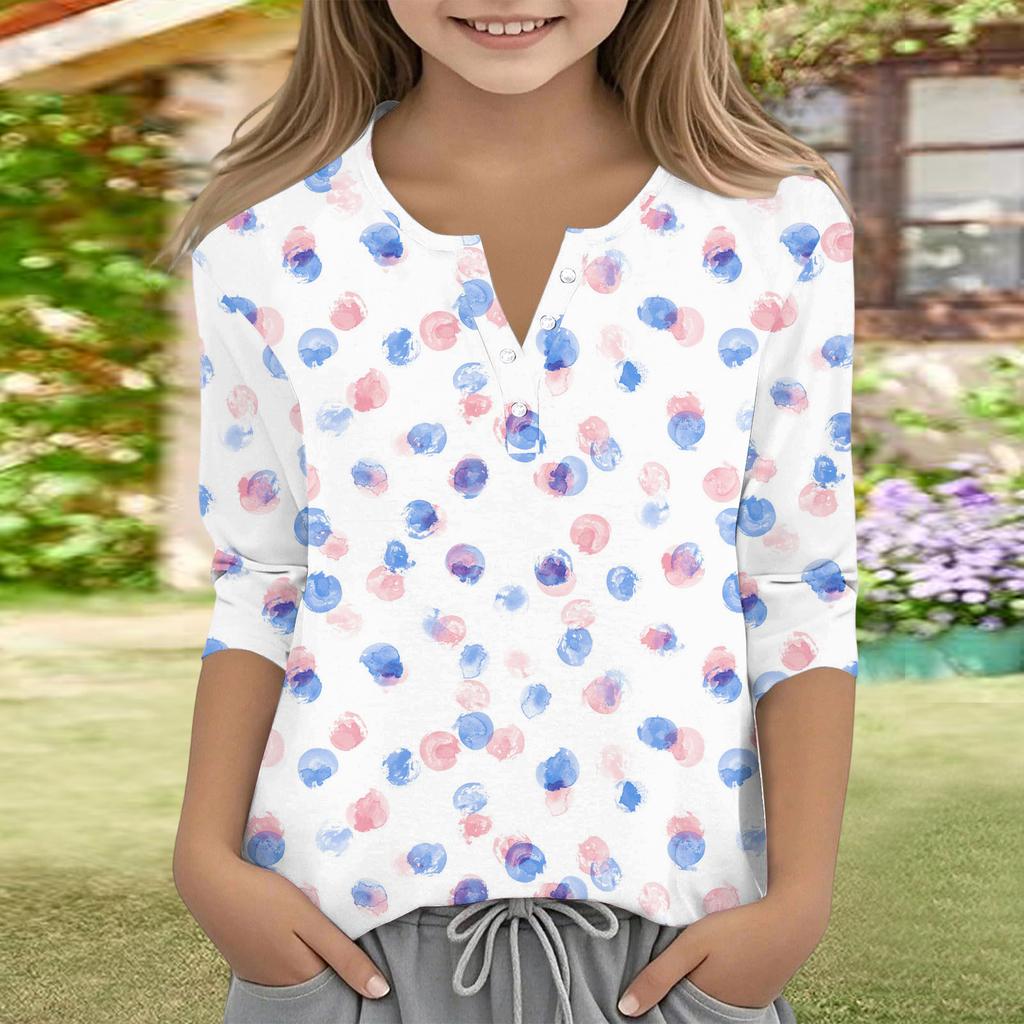 Print Tops For Youth Girls V Neck Button 3/4 Sleeves T-Shirts Trendy Tops Outfit Tees