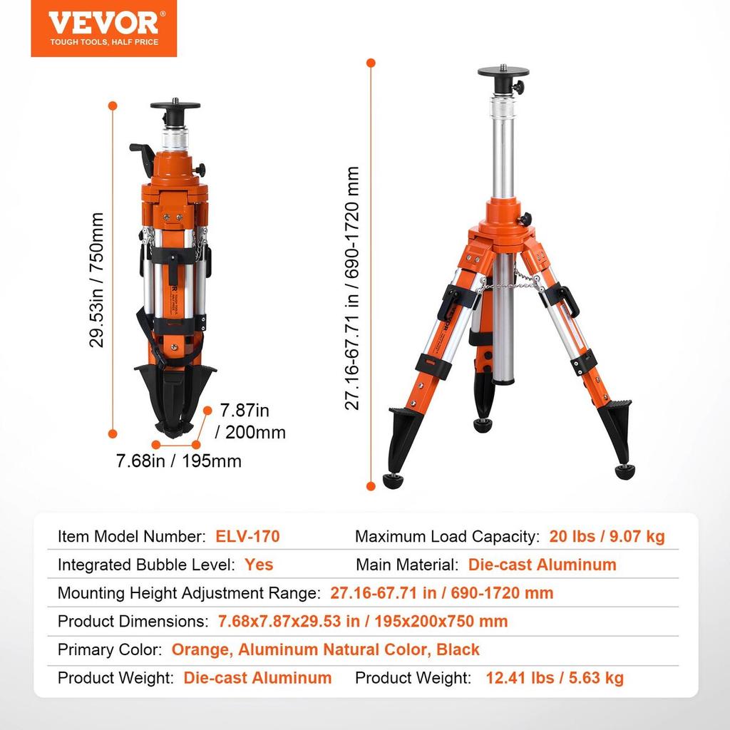 Laser Level Tripod Stand 5/8"-11 Thread 27.16-67.71 In Height Adjustment
