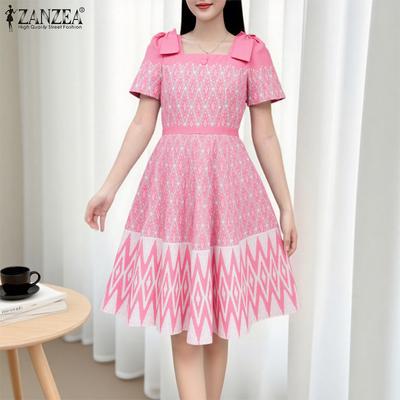 Womens Print Casual Square Neck Summer Short Sleeve Dress