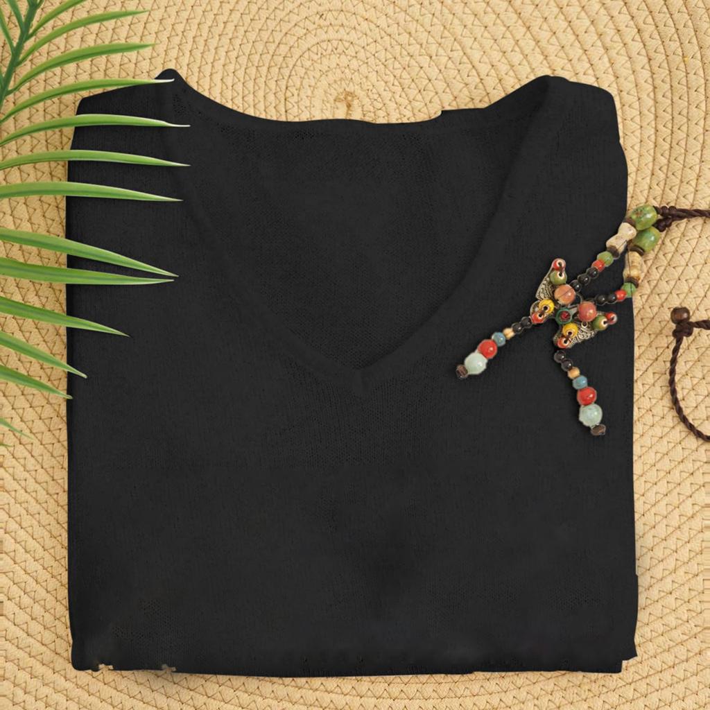 Women V Neck Hollow Out Knit Crochet Sweater Pullover Loose Fit Long Sleeve Lightweight Beach Cover Up Top