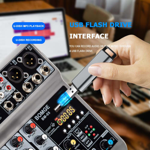BOMGE Audio Mixer, 5-Channel Digital USB Bluetooth Soundboard Mixing Console with Echo Delay Effects, 48V Phantom Power Stereo DJ Mixer for Recording,