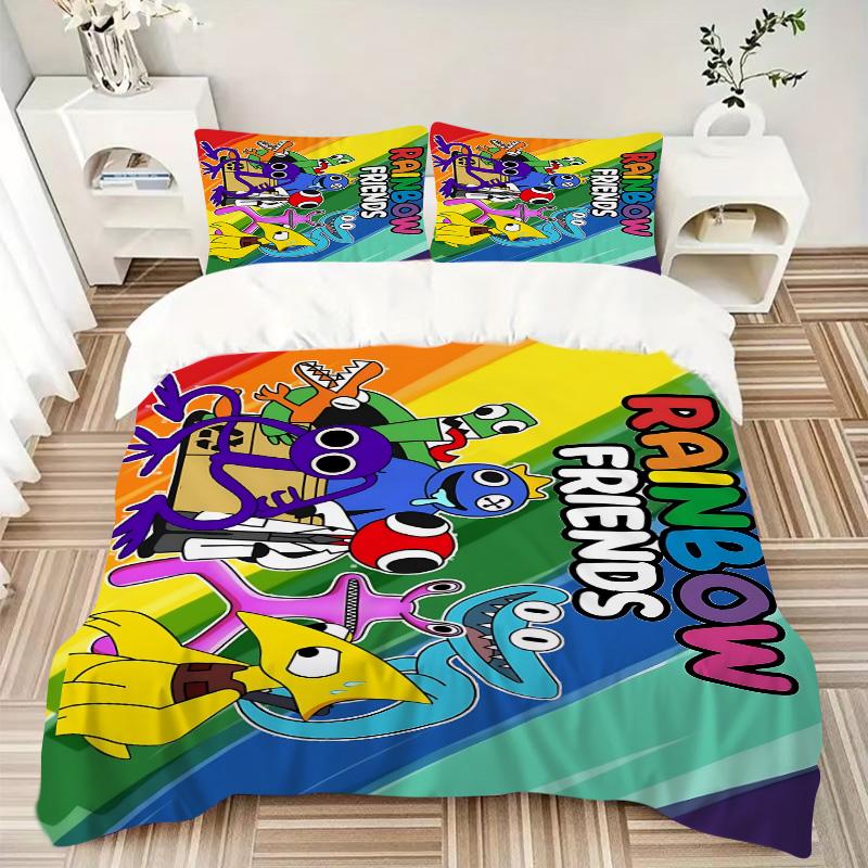 Colorful Rainbow Friends Characters Print 3Pcs Bedding Set,Duvet Cover with 2 Bedro,Pillowcase Home Birthday Gift