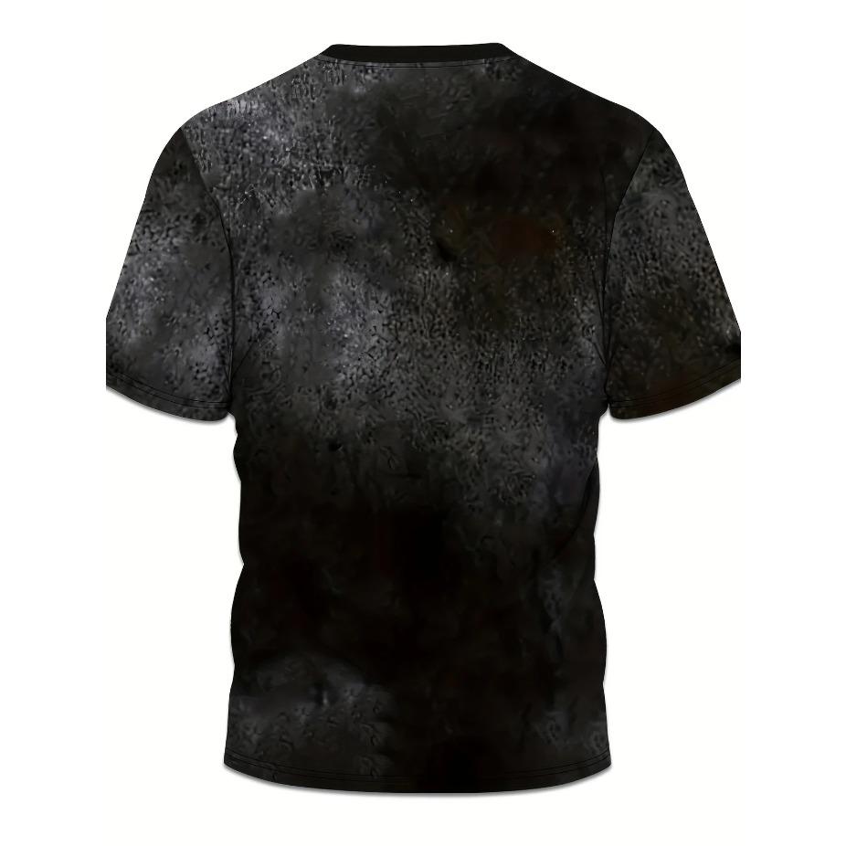 Pánské tričko s krátkým rukávem, Černé, Grafika tištěná 3D, Ležérní kulatý výstřih, Polyester, Letní top na ven, Regular Fit, Velikost pro dospělé, Pletenina