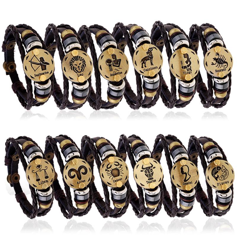12 Constellations Cowhide Beaded Leather Bracelet – Adjustable Woven Birthday Gift