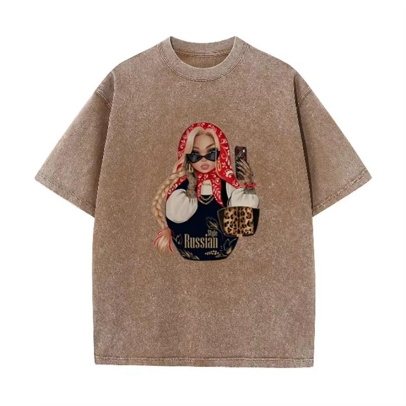Fashion Russian Style Babushka Doll Print T-shirt Vintage Washed Casual Loose Short Sleeve Streetwear Tops