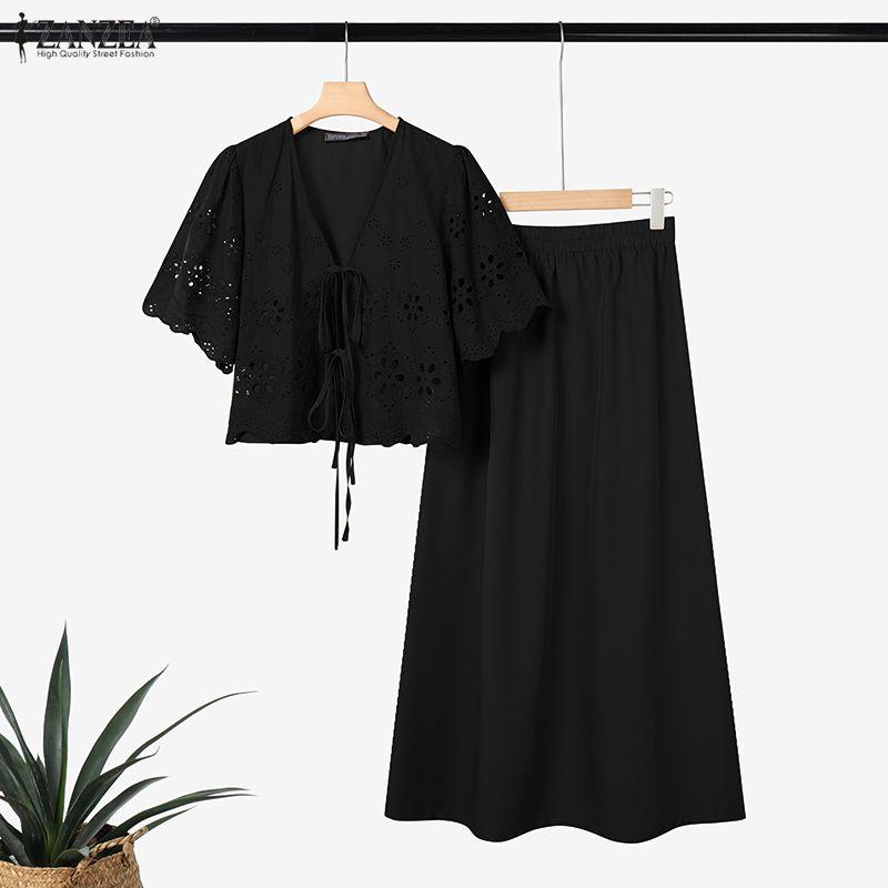 ZANZEA Damen Kurzarm Häkelbluse und Röcke Sommer Zweiteiler Anzugsets