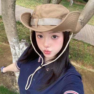 Outdoor Hiking Hat Drawstring Bucket Hat Women's Summer and Autumn Big Brim Showing Face Small Sunscreen Sunshade Western Cowboy Hat