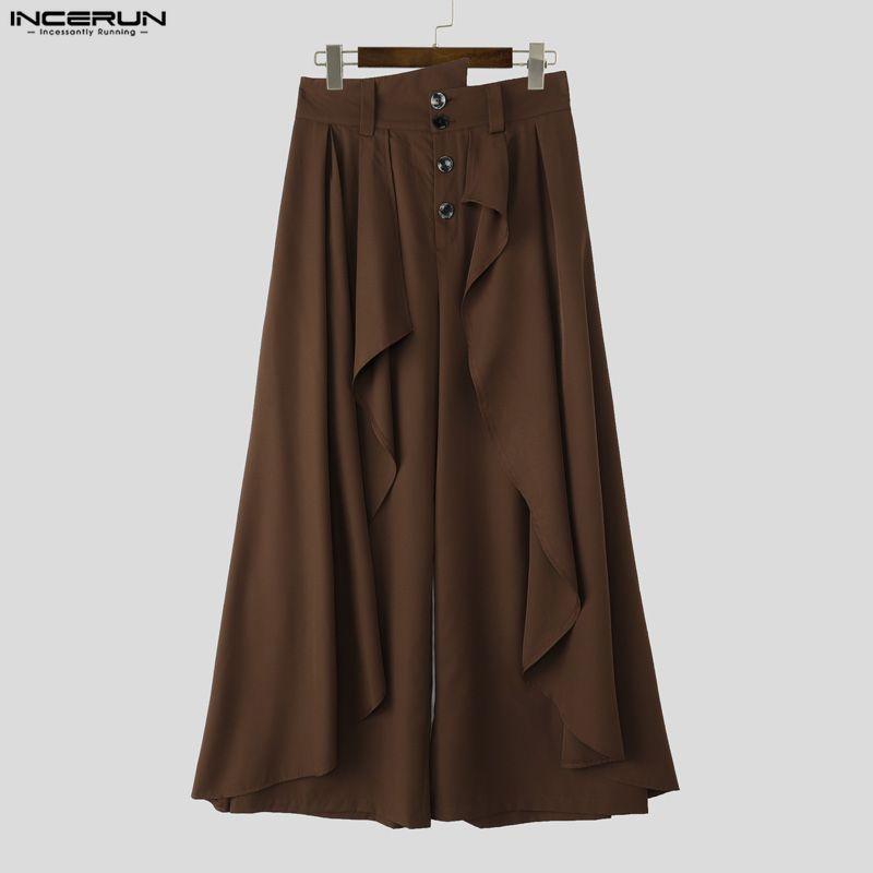 INCERUN Men's Style Punk Wide Leg Trousers Gothic Loose Ruffled Casual Skirt Pants Streetwear Bottoms