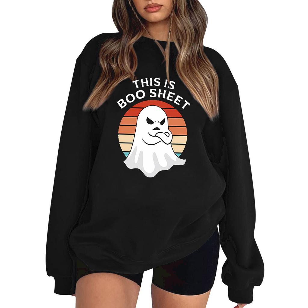 Dámský svetr s kulatým výstřihem, dlouhým rukávem a s padnoucími rameny, s potiskem na Halloween