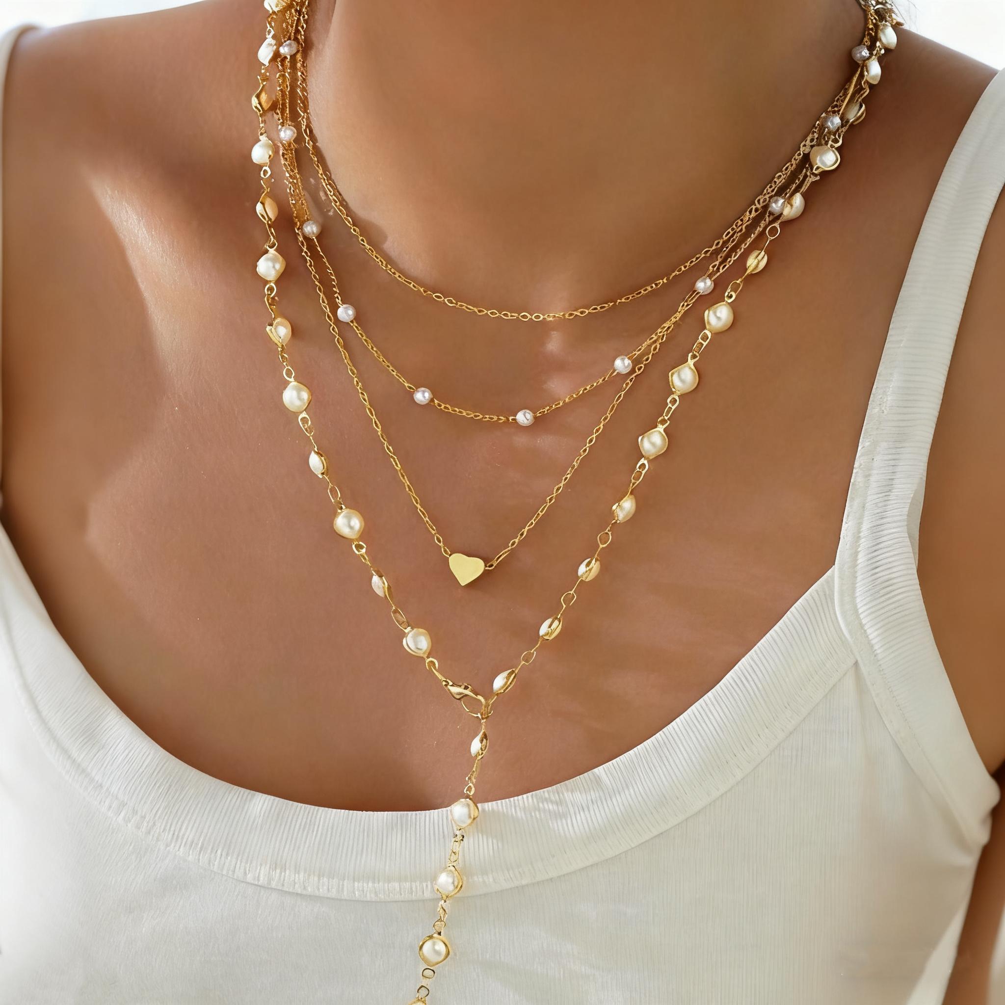 4 Pcs/Set Fashion Minimalist Elegant Pearl Heart Pendant Y-Necklace Multi-Layer Necklace for Women Vacation Party Jewelry 2026