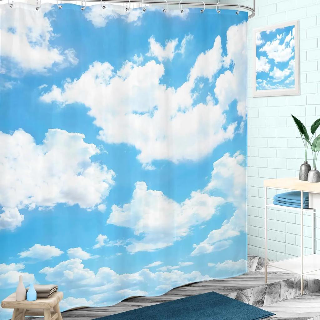 Blue Sky Background Cloud Shower Curtain Natural Landscape Waterproof Fabric Polyester Bathtub Decoration 12 Pack Hook