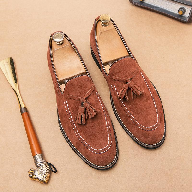 Trend Designer Britain Retro Pointed Tassels Suede Wedding Leather Oxford Shoes Men Casual Loafers  Formal Dress Zapatos Hombre